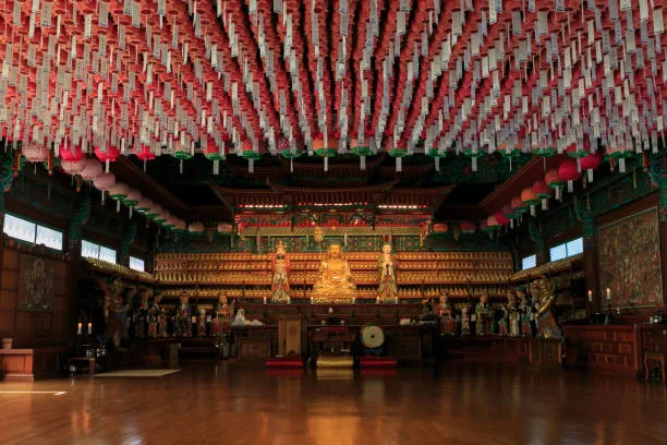Temple, beauty .
Interior of a Temple in Korea with a Buddha statue