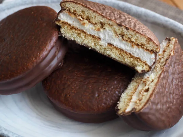 Korean snacks is chocopie, a chocolate-covered marshmallow