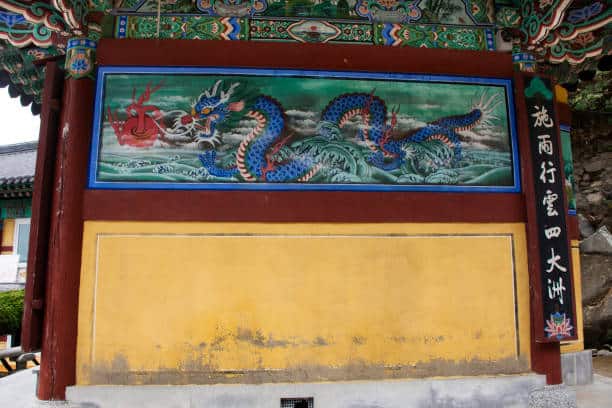 Antique art painting and drawing on wall of ancient Yonggung shrine for korean