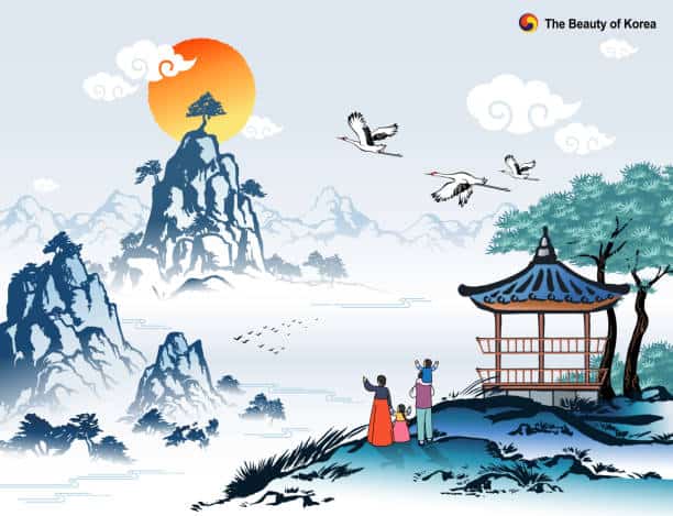 Beautiful Korea, new year sunrise and natural scenery, family wearing traditional hanbok, Korean traditional painting vector illustration. Korean art and crafts.
