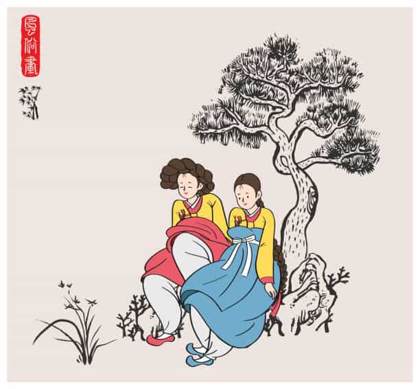 Korean Painting Style Illustration with Two Women